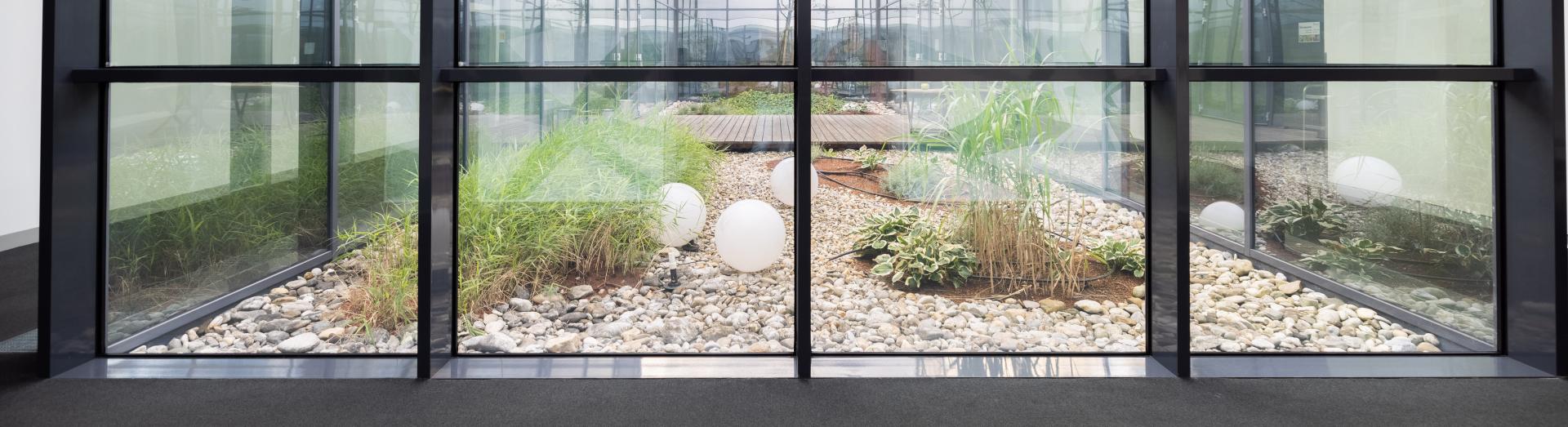 große Glasscheibe mit Blick auf einen angelegten Garten im Innenhof