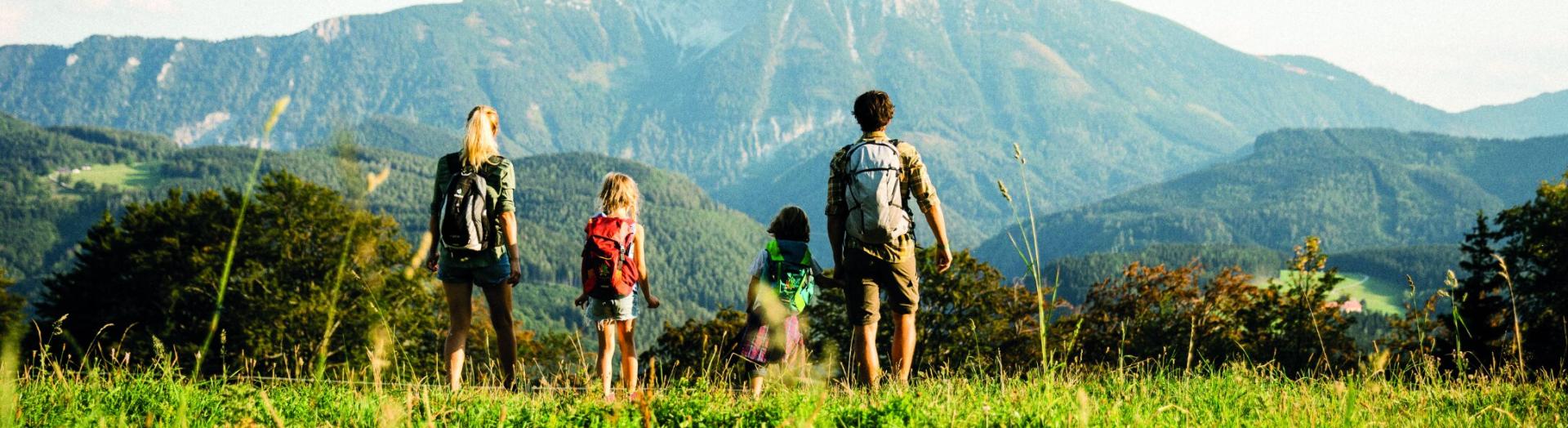 vier Personen stehen auf einer Wiese und im Hintergrund befindet sich ein Berg