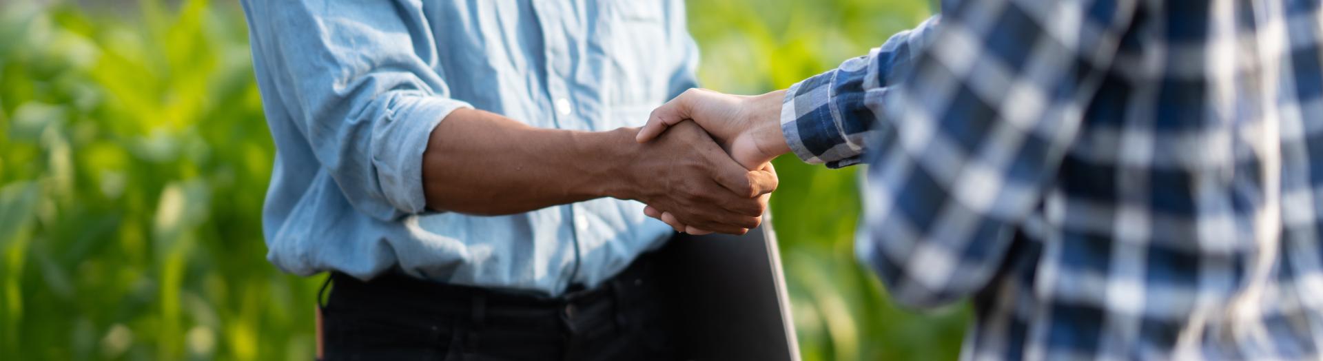 Zwei Männer reichen sich im Getreidefeld die Hand