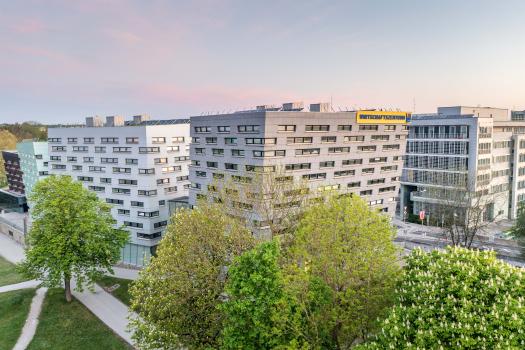 WZN Seitenansicht von Osten mit Gebäudebeschriftung mit Bäumen im Vordergrund