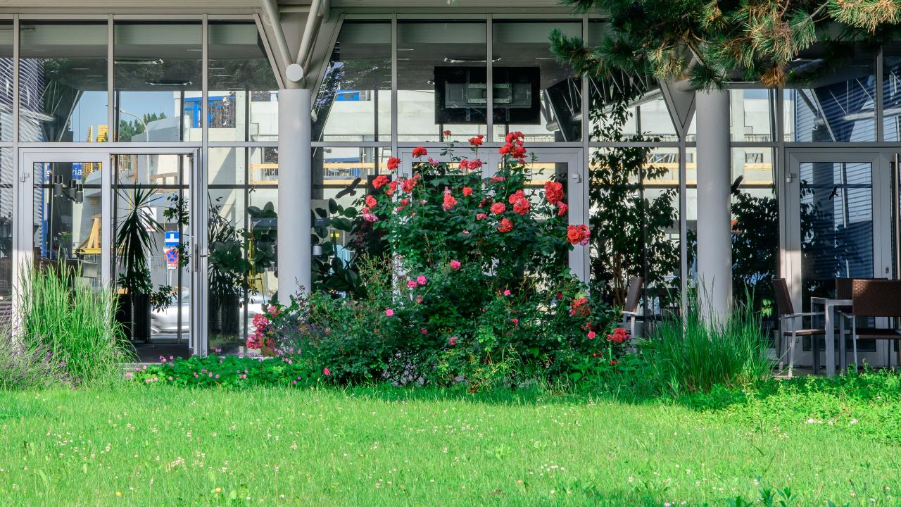 Fassade ecocenter Wiener Neudorf mit Terrasse und Garten