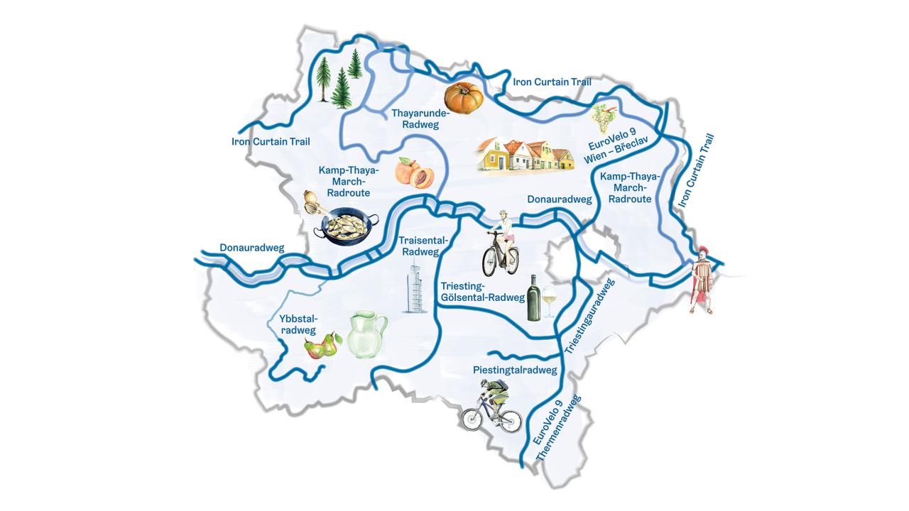 Karte Niederösterreich mit Hauptradrouten und regionsspezifischen Symbolen
