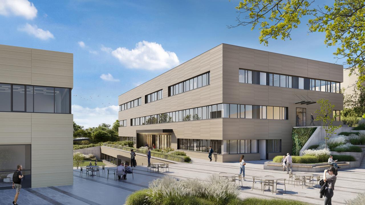 Visualisierung neuer Bauteil des Teschnologiezentrums in Klosterneurburg mit Begrünung und Fußgängern