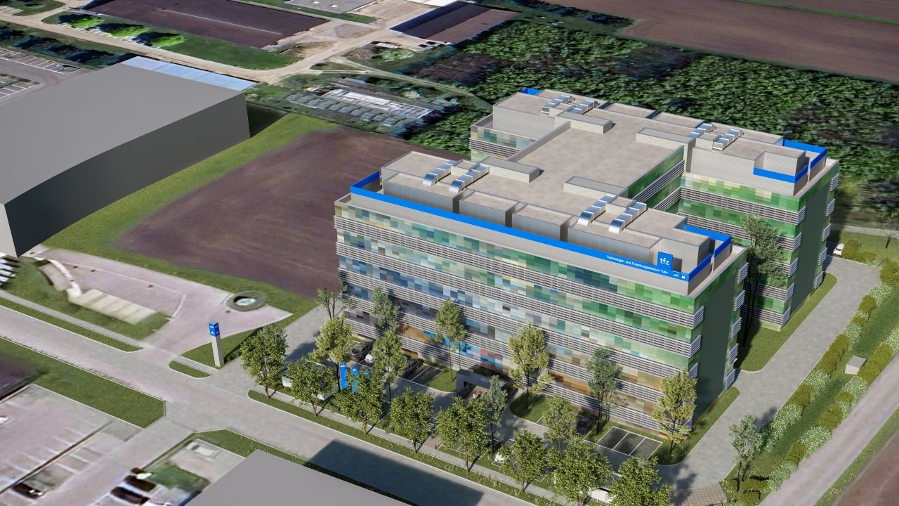 Vogelperspektive eines Architekturrenderings TFZ Tulln Bauteil E1