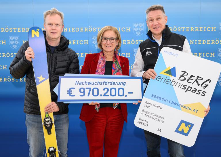 drei Personen halten Ski, Bergerlebnispass-Tafel und Tafel mit Nachwuchsförderung für Skifahren