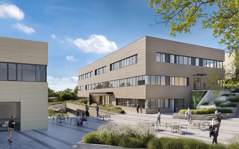 Visualisierung neuer Bauteil des Teschnologiezentrums in Klosterneurburg mit Begrünung und Fußgängern