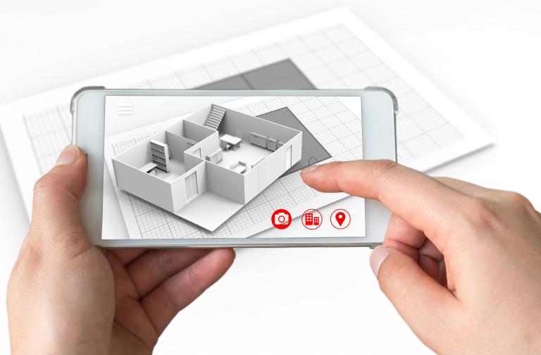 Modell-Skizze einer Wohnung auf einem Handy-Display