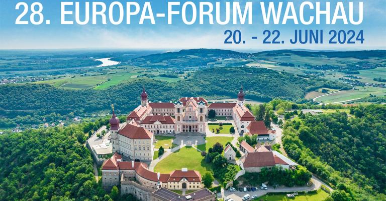 Einladung Europaforum Wachau 2024 mit Luftbildansicht von Stift Göttweig