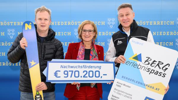 drei Personen halten Ski, Bergerlebnispass-Tafel und Tafel mit Nachwuchsförderung für Skifahren