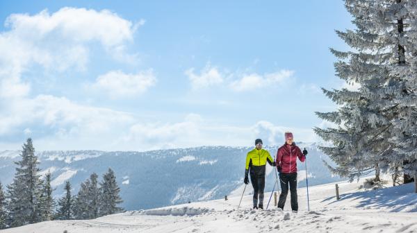 Zwei Langläufer in winterlicher Landschaft auf Loipe unterwegs