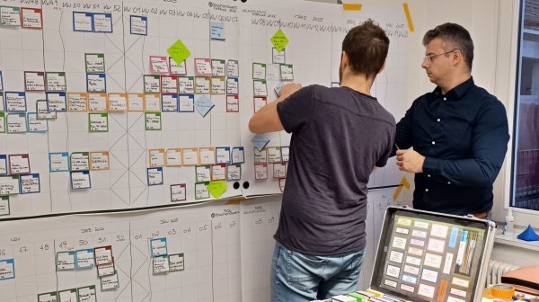 zwei Männer erarbeiten mit Post its ein Konzept