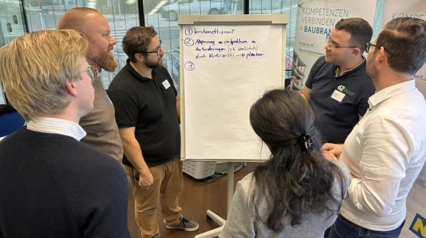 6 Personen arbeiten mit Flipchart 