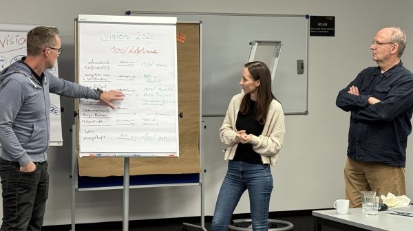 3 Personen präsentieren an Flipchart