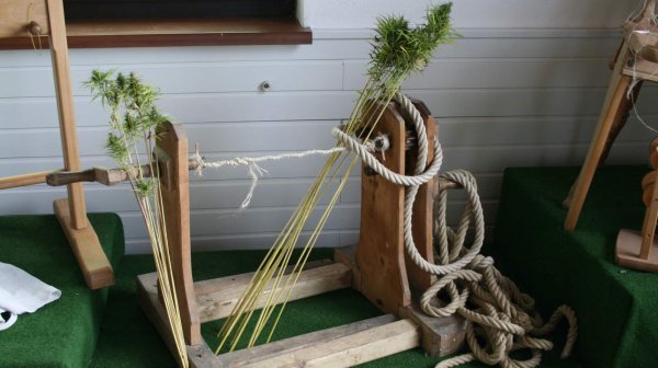 Holzgerät zur traditionellen Hanfverarbeitung: Bündel von langen Hanffasern sind in einer einfachen hölzernen Vorrichtung eingespannt, daneben liegt ein dicker gedrehter Hanfseilstrang. Das Gerät steht auf grünem Teppich in einem Innenraum.