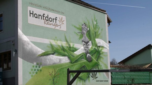 Gebäude mit der Aufschrift ‚Herzlich Willkommen im Hanfdorf Reingers‘. Die Fassade zeigt ein künstlerisches Motiv aus grünen Hanfblättern.