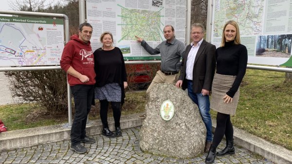 fünf Personen stehen nebeneinander und im Hintergrund sind Karten zu sehen, eine Person draufzeigt