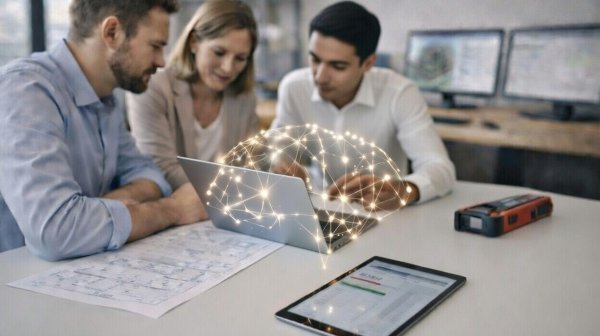 3 Personen sitzen beim Arbeitstisch mit Laptop und Tablet