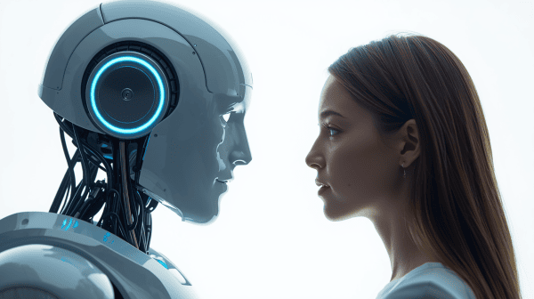 Roboter & Frau sehen sich an