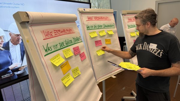 Mann arbeitet an Flipchart