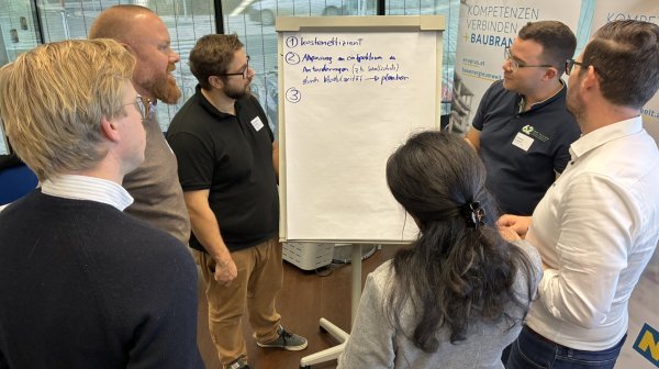 6 Personen arbeiten an Flipchart