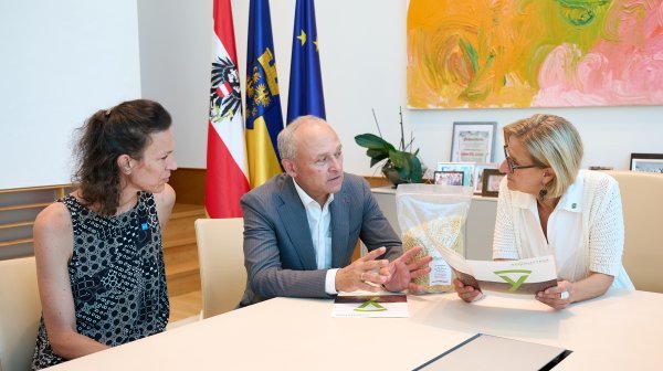 Drei Personen sitzen an einem großen Besprechungstisch in einem hellen Büro- bzw. Konferenzraum und führen ein Gespräch.
