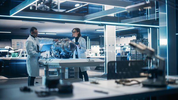 Mann und Frau in einem Techniklabor neben einer Turbine