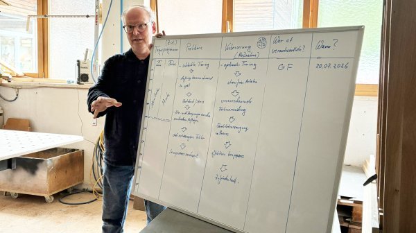 Mann steht mit großer Flipchart-Tafel in einer Werkstatt