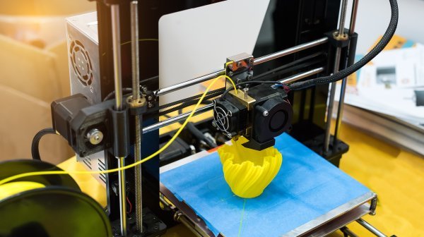 3D-Drucker mit gelbem Kunststoffbehälter