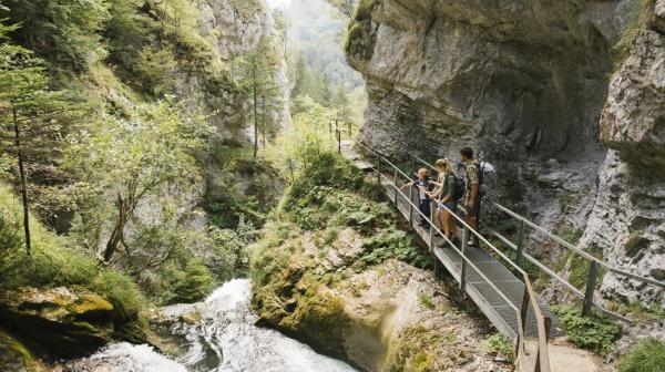 Drei Personen stehen an einem gesicherten Wanderpfad in einer Klamm.