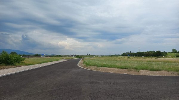 Ausschnitt einer Straße und im Hintergrund eine Wiese 