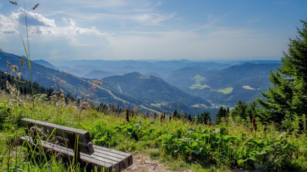 Ausblick auf Berge und eine Bank im Vordergrund